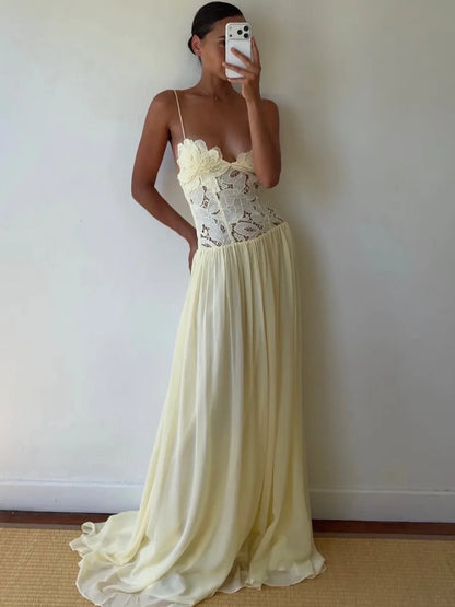 Customer wearing Roséa Maxi Dress indoors in pale yellow tone