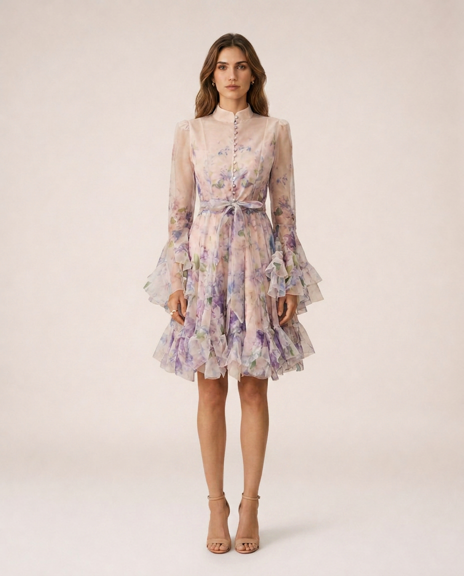 Dalia Mini Dress featuring a romantic floral print, high neckline, sheer long sleeves with flared ruffle cuffs, detachable waist tie and layered mini skirt in soft pastel tones