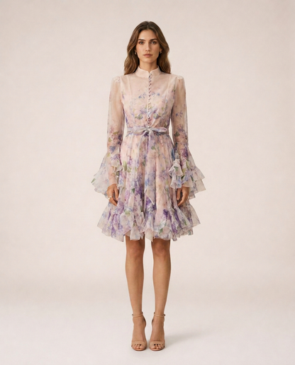 Dalia Mini Dress featuring a romantic floral print, high neckline, sheer long sleeves with flared ruffle cuffs, detachable waist tie and layered mini skirt in soft pastel tones