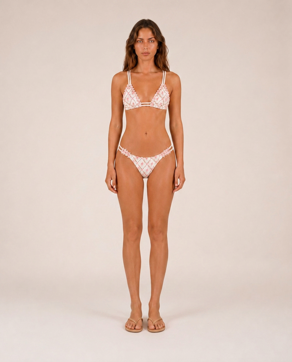 Elodie embroidered bikini front view with ruffle mini skirt luxury mediterranean resortwear