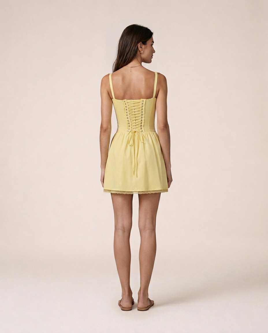 Limone Mini Dress back view featuring lace-up corset detail, adjustable ribbon closure and softly flared skirt in buttery lemon yellow tone