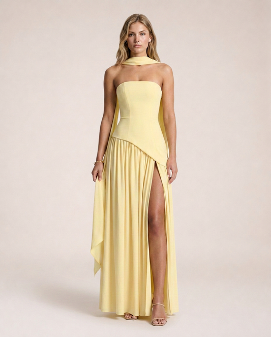 Limone di Amalfi Maxi Dress pale lemon yellow strapless gown with sculpted corset bodice, flowing draped skirt and elegant neck scarf detail, inspired by the Amalfi Coast