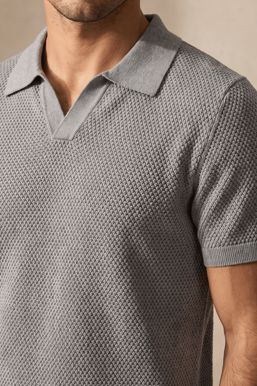 Marcello Cotton Knit Polo close view grey jacquard knit polo shirt