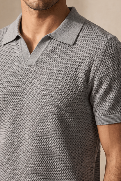 Marcello Cotton Knit Polo close view grey jacquard knit polo shirt