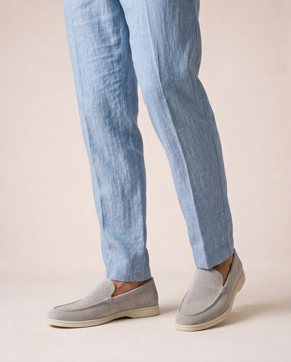 Mare Linen Pants close-up light blue lightweight linen straight-leg trousers