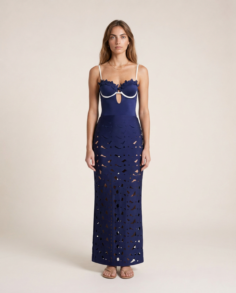 Nerina navy one piece set front view luxury resortwear with cutwork skirt