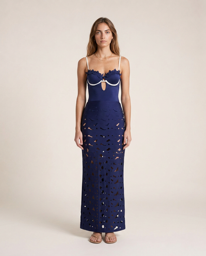 Nerina navy one piece set front view luxury resortwear with cutwork skirt