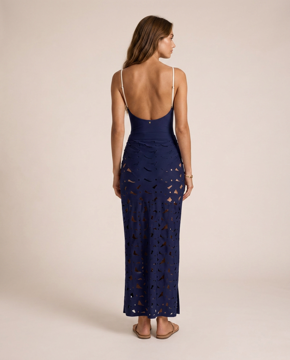 Nerina navy one piece set back view open back embroidered skirt elegant mediterranean swimwear set