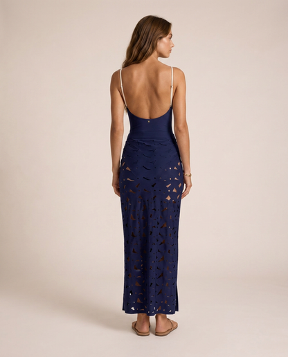 Nerina navy one piece set back view open back embroidered skirt elegant mediterranean swimwear set