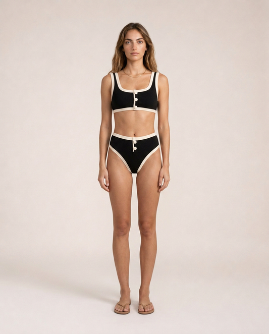 Oceana black and white contrast bikini retro-inspired luxury swimwear women’s mediterranean resort style front view