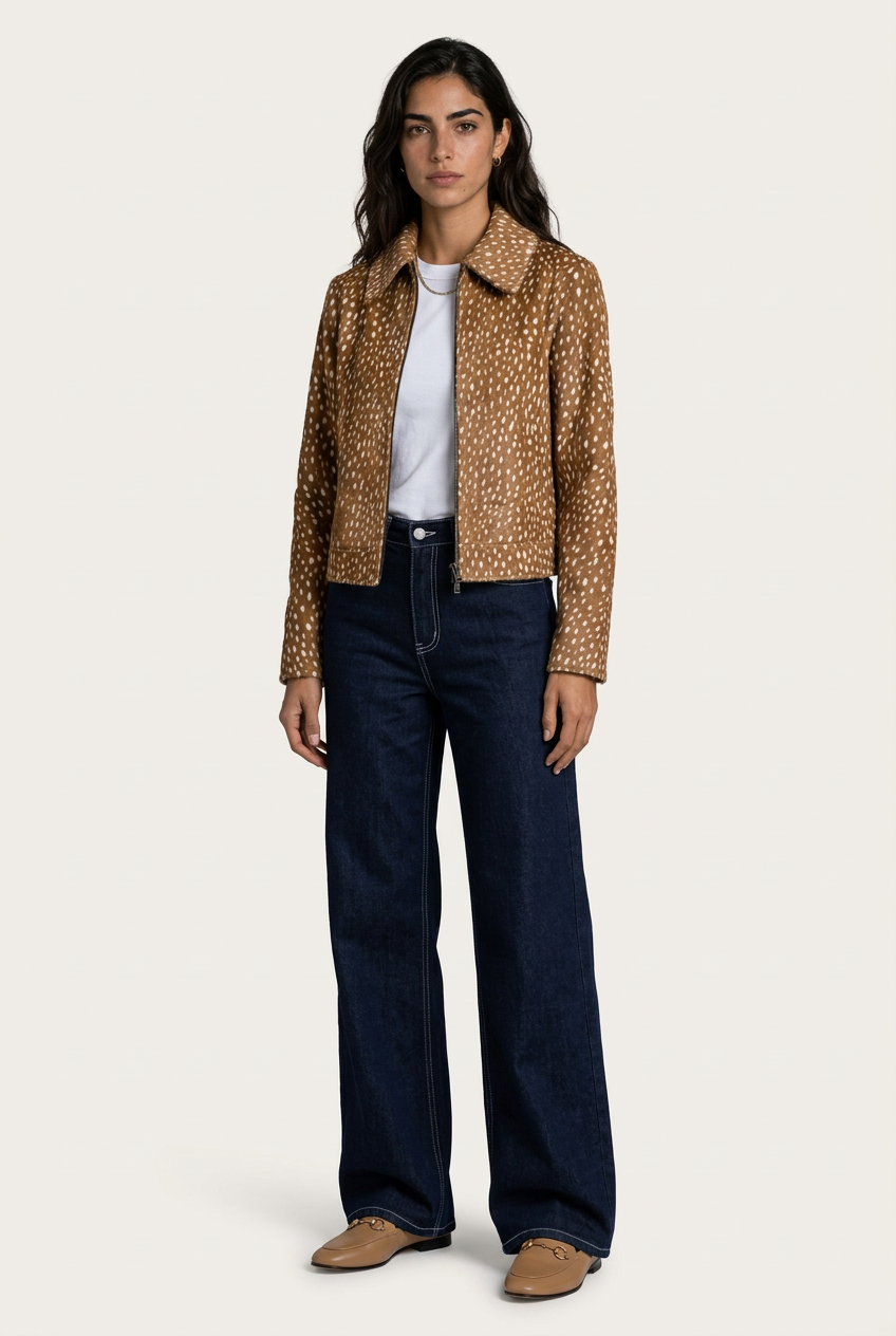 Orvieto Chaqueta Camel para mujer llevada abierta, con estampado efecto ciervo en camel y crema