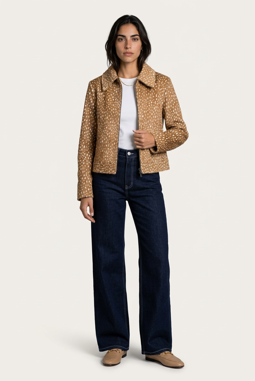 Orvieto Chaqueta Camel para mujer, vista frontal con estampado tipo piel de ciervo y cierre de cremallera