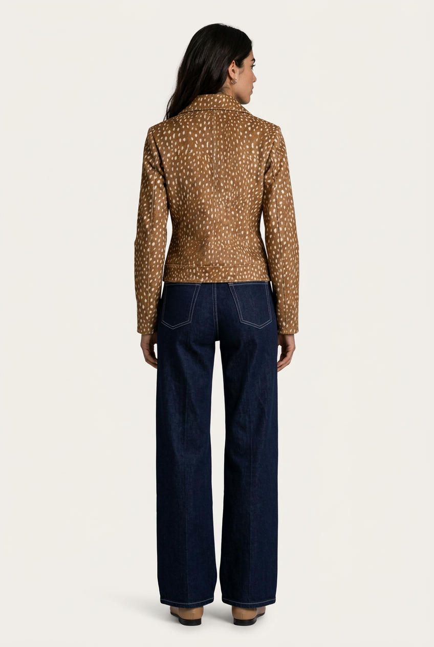 Orvieto Chaqueta Camel para mujer, vista trasera con estampado efecto piel de ciervo en tonos camel y crema