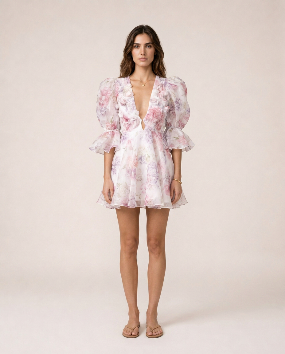 Peonia Mini Dress featuring a romantic pastel floral print, deep V neckline, puff sleeves with ruffle cuffs and a flowing mini silhouette