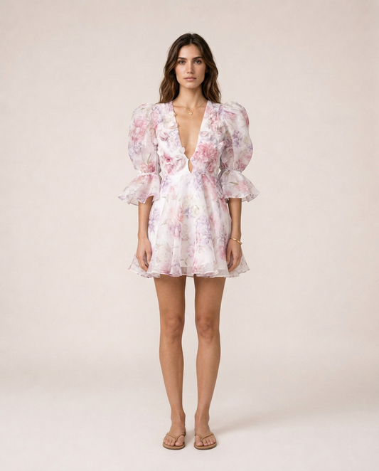 Peonia Mini Dress featuring a romantic pastel floral print, deep V neckline, puff sleeves with ruffle cuffs and a flowing mini silhouette
