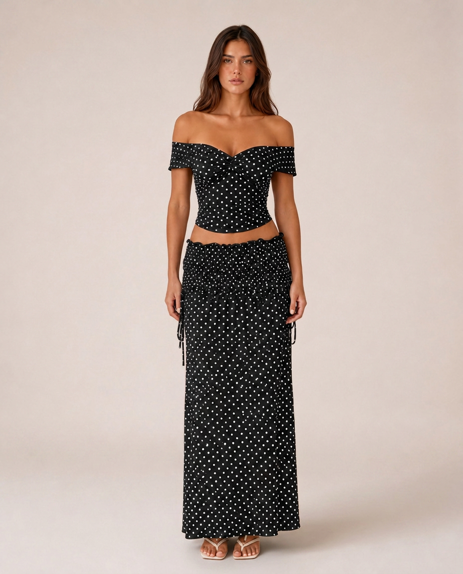 Portofino Set front view black polka dot two-piece set