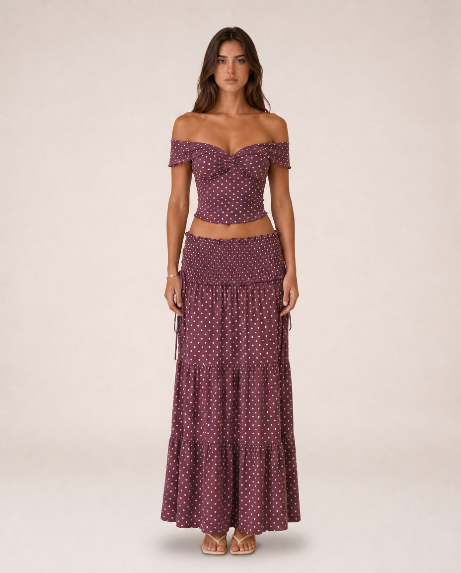 Portofino Set front view burgundy polka dot off-shoulder set