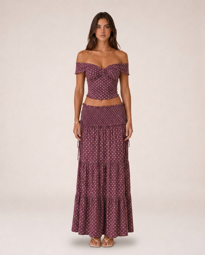 Portofino Set front view burgundy polka dot off-shoulder set