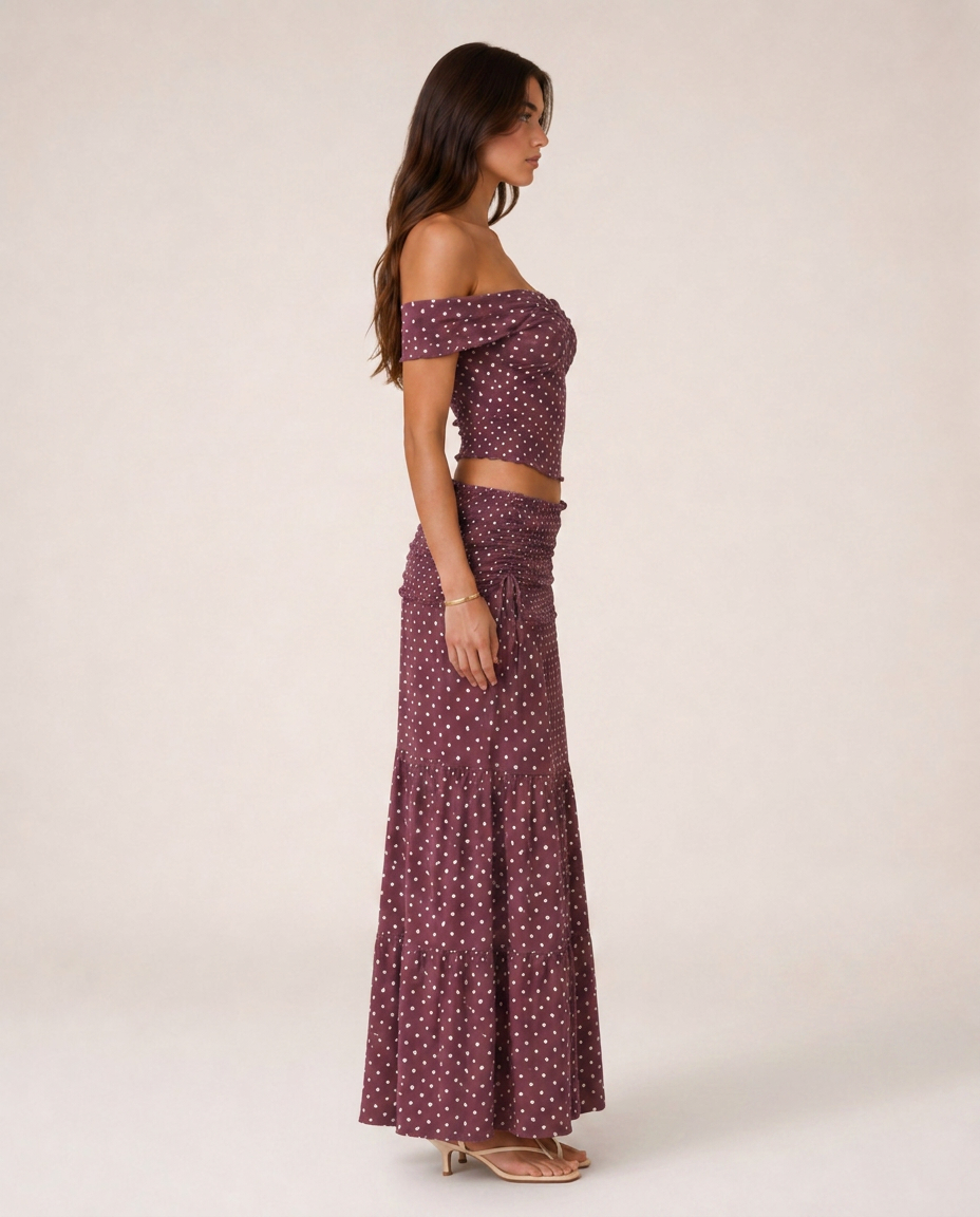 Portofino Set side view burgundy printed maxi skirt set