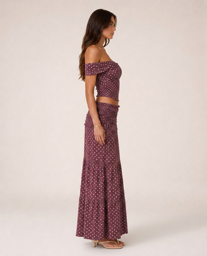 Portofino Set side view burgundy printed maxi skirt set