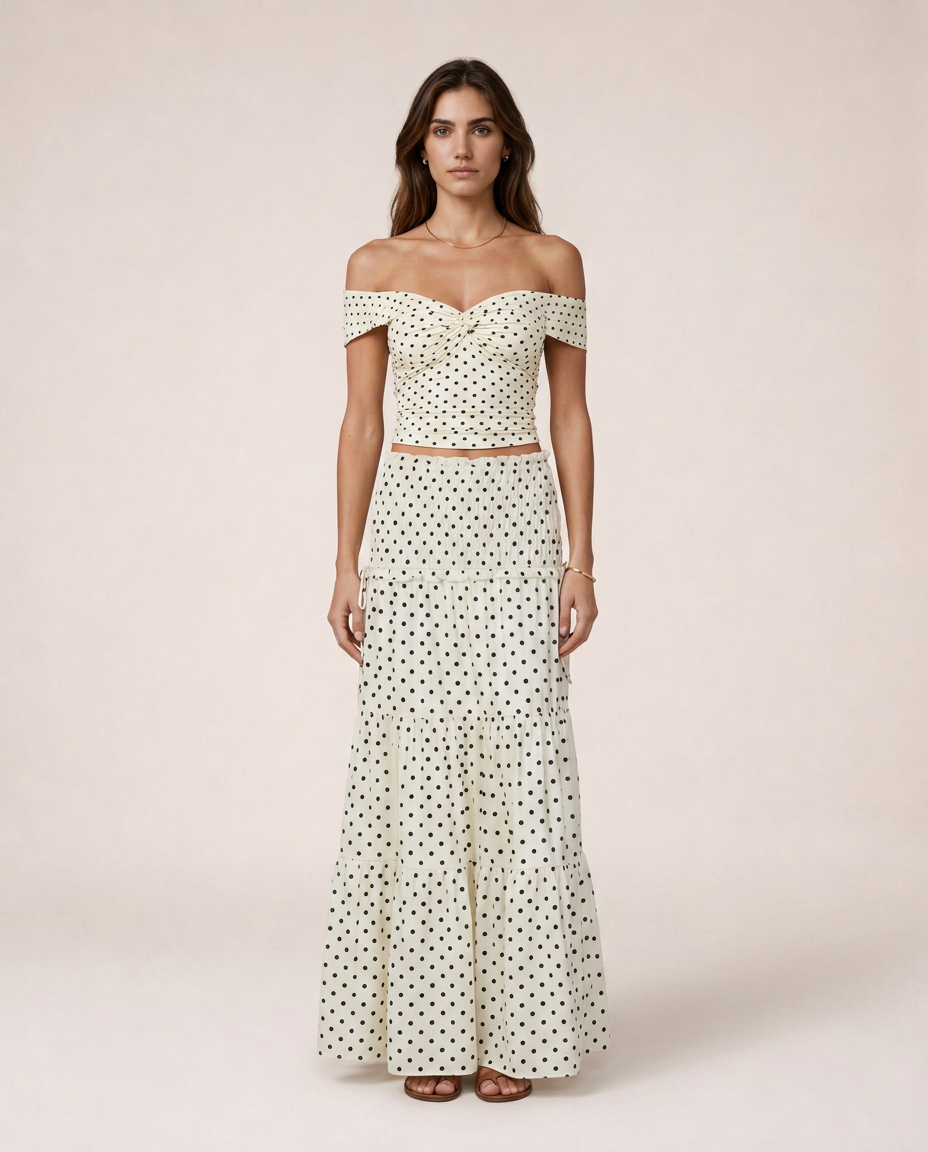 Portofino Set front view cream polka dot off-shoulder skirt set