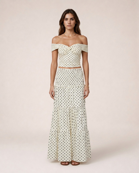 Portofino Set front view cream polka dot off-shoulder skirt set