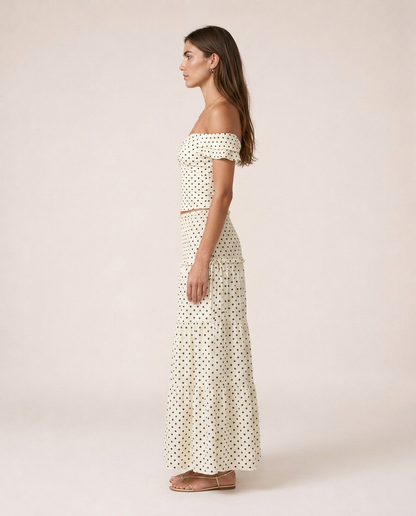 Portofino Set side view cream polka dot two-piece resortwear set