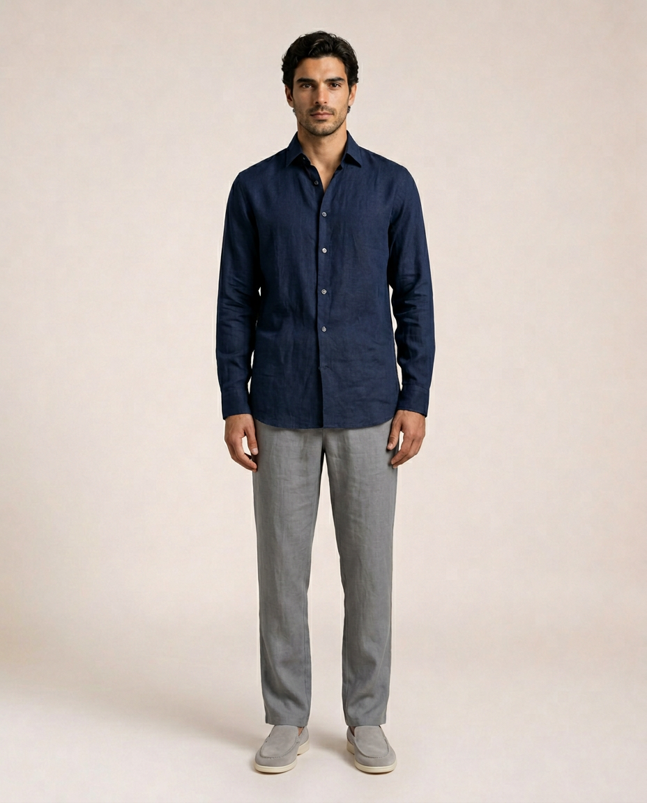 Ravello navy linen shirt relaxed fit front view luxury mediterranean menswear