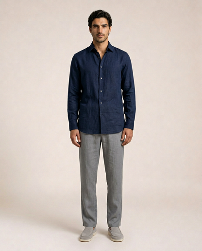 Ravello navy linen shirt relaxed fit front view luxury mediterranean menswear