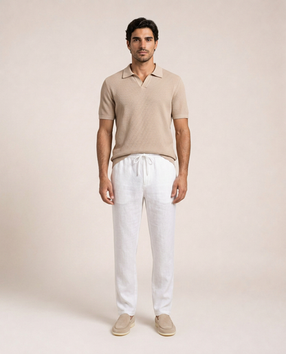 Riviera Cotton Knit Polo front view beige textured cotton polo shirt