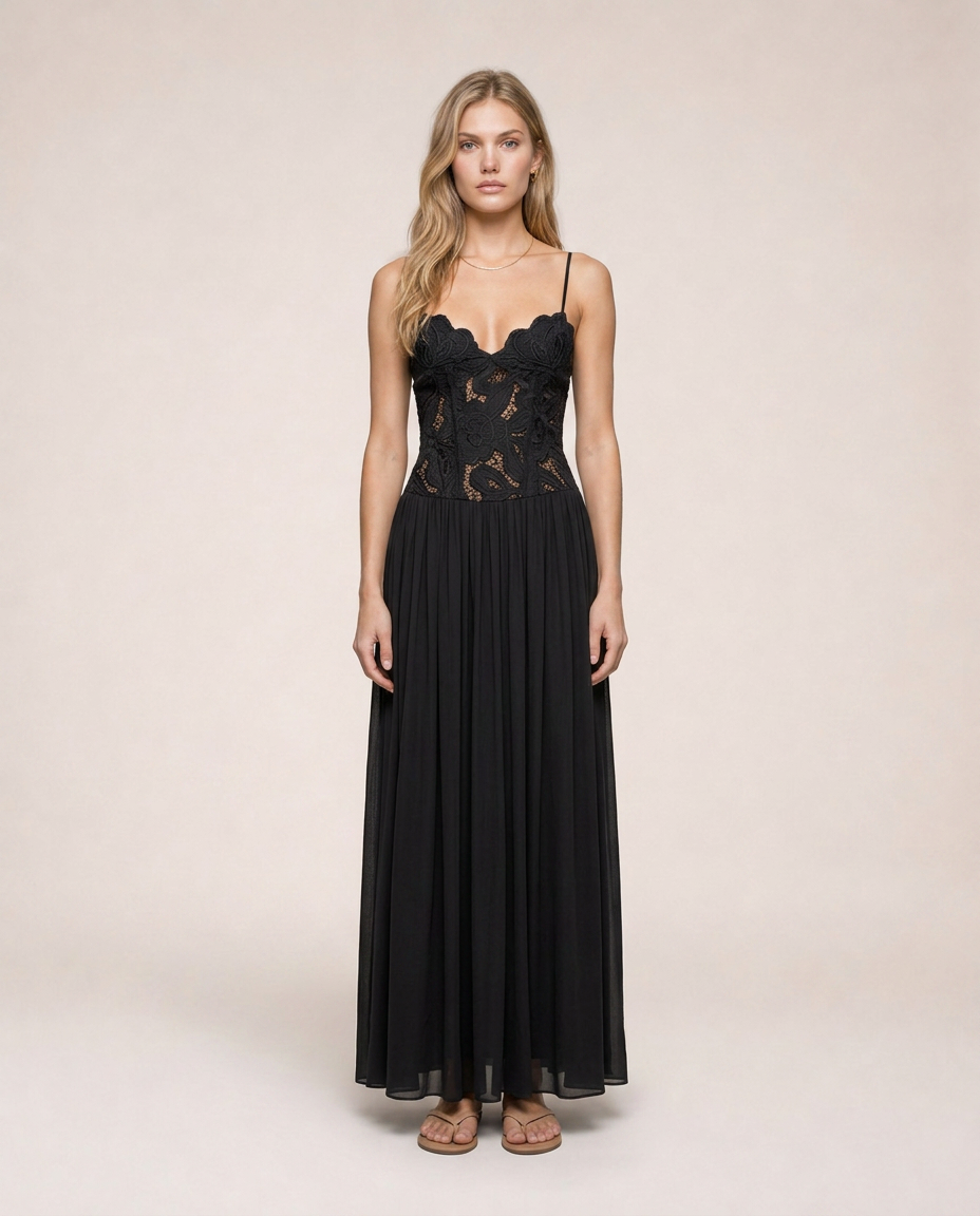 Roséa Noir Maxi Dress front view black lace corset maxi dress