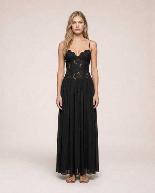 Roséa Noir Maxi Dress front view black lace corset maxi dress