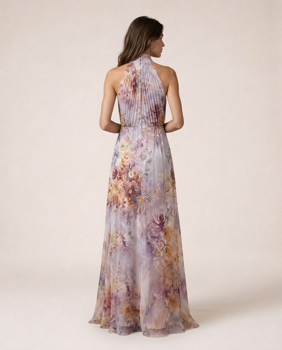 Rosea Maxi Dress back view with pastel floral print, halter neckline and flowing full-length skirt