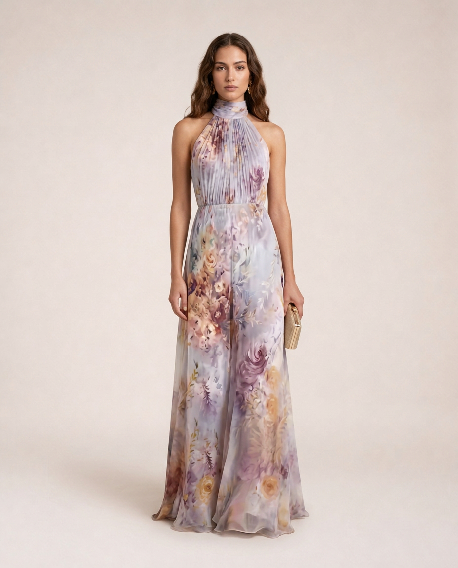 Rosea Maxi Dress front view with pastel floral print, halter neckline and flowing full-length skirt