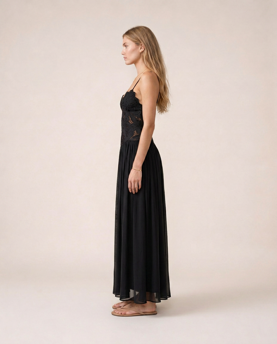 Roséa Noir Maxi Dress side view black flowing chiffon maxi dress