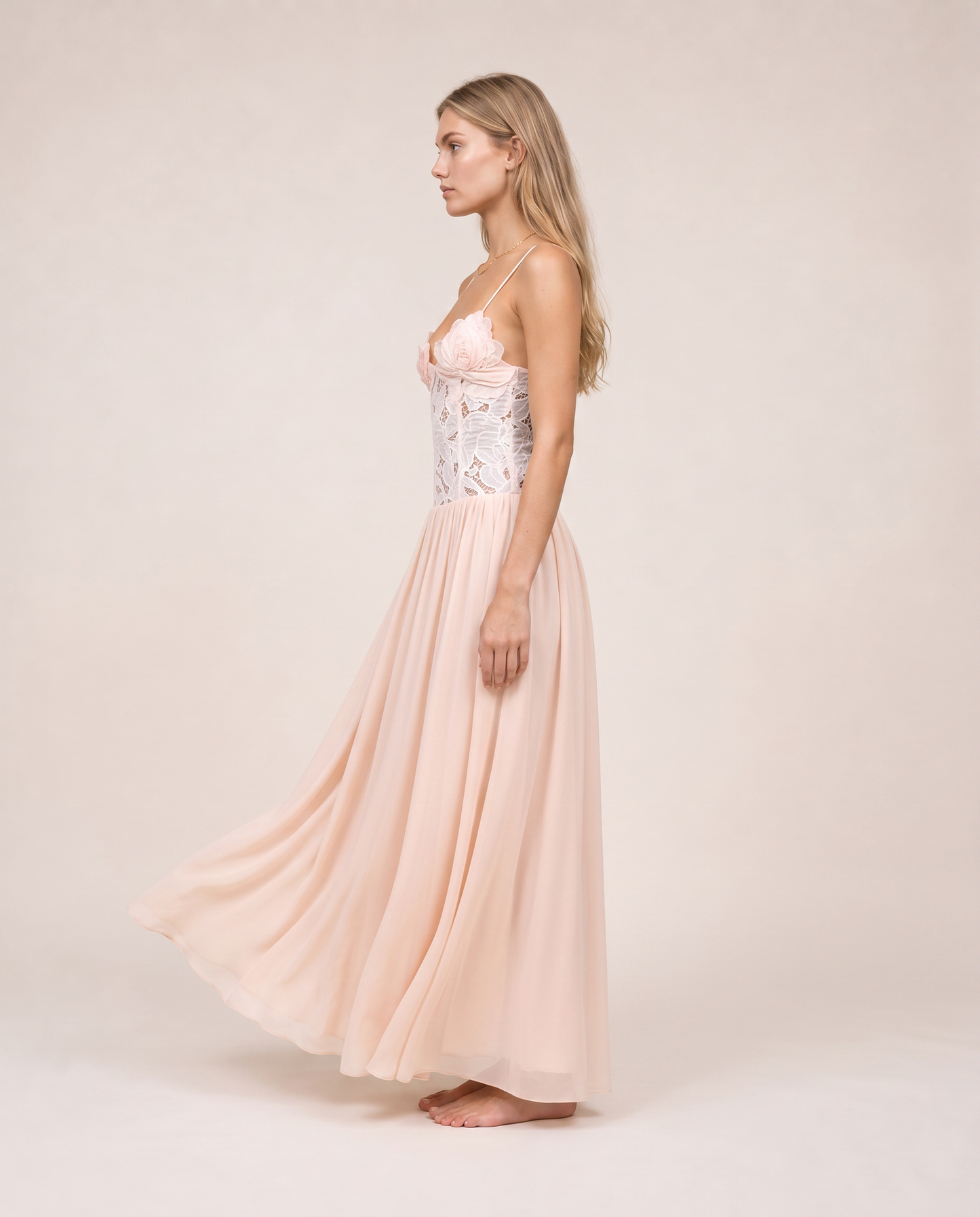 Roséa Maxi Dress side view blush pink flowing chiffon maxi dress
