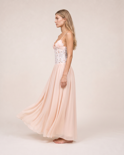 Roséa Maxi Dress side view blush pink flowing chiffon maxi dress