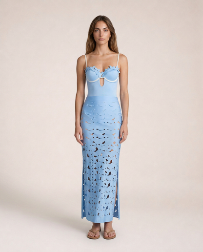 Salina light blue one piece set front view luxury resortwear with cutwork skirt