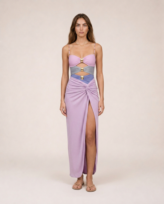 Serafina lilac one piece set front view luxury resortwear with draped midi skirt and gold hardware