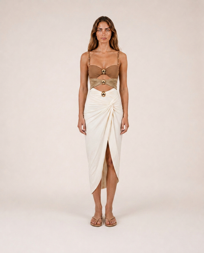Serafina ivory one piece set front view draped midi skirt with gold hardware luxury resortwear