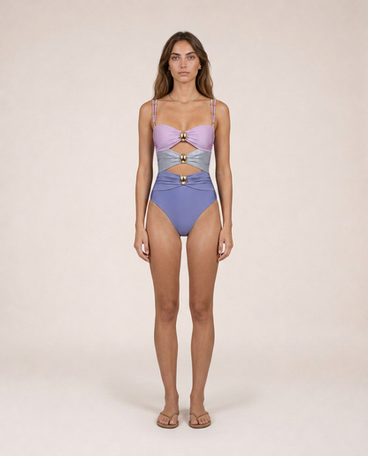 Serafina lilac one piece set front view luxury resortwear 
