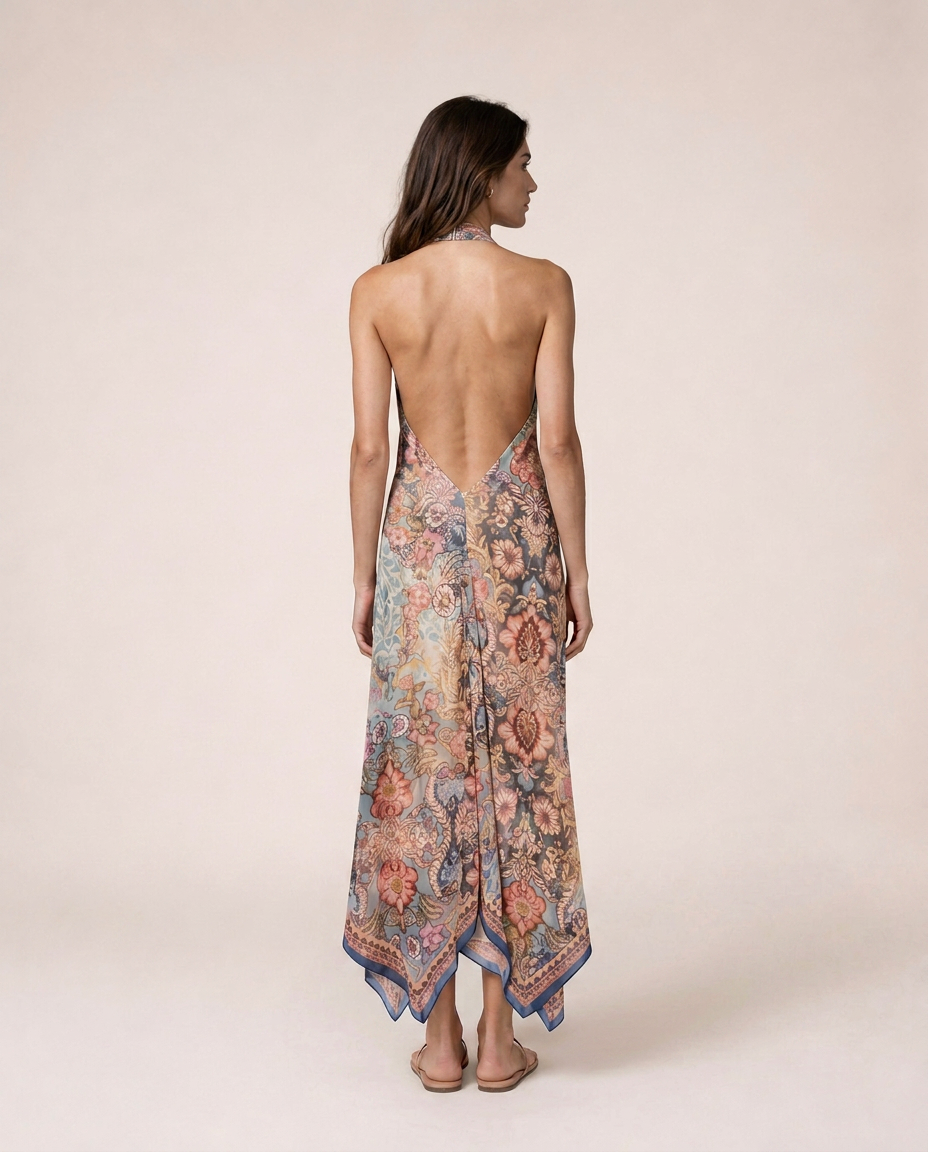 Sicilia Maxi Dress back view featuring an intricate Mediterranean-inspired print, halter neckline, waist cut-outs and a flowing full-length silhouette