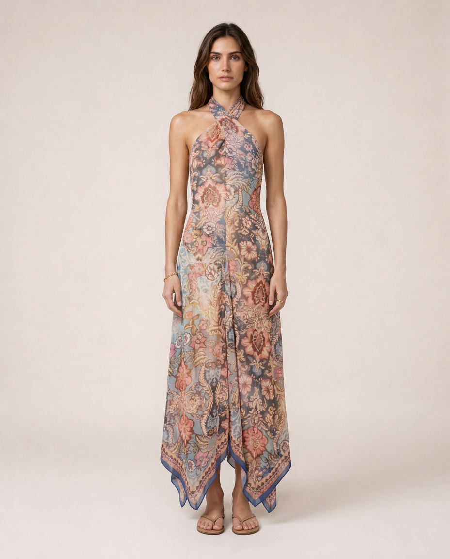 Sicilia Maxi Dress featuring an intricate Mediterranean-inspired print, halter neckline, waist cut-outs and a flowing full-length silhouette