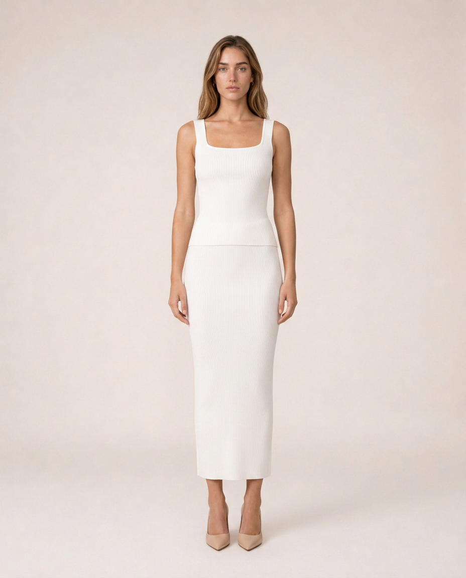 Siena white knit three-piece set top and midi skirt, front view