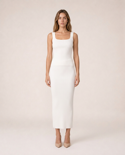 Siena white knit three-piece set top and midi skirt, front view