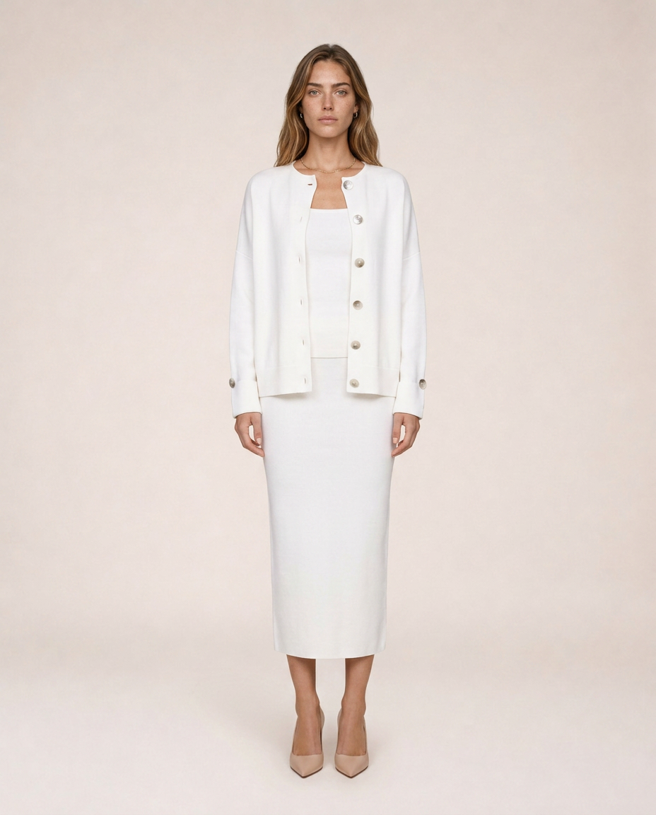 Siena white knit three-piece set with button cardigan, top and midi skirt, front view