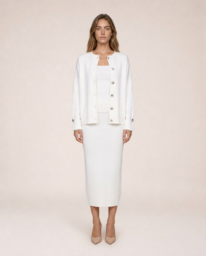 Siena white knit three-piece set with button cardigan, top and midi skirt, front view