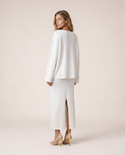 Siena white knit three-piece set with cardigan and midi skirt, back view