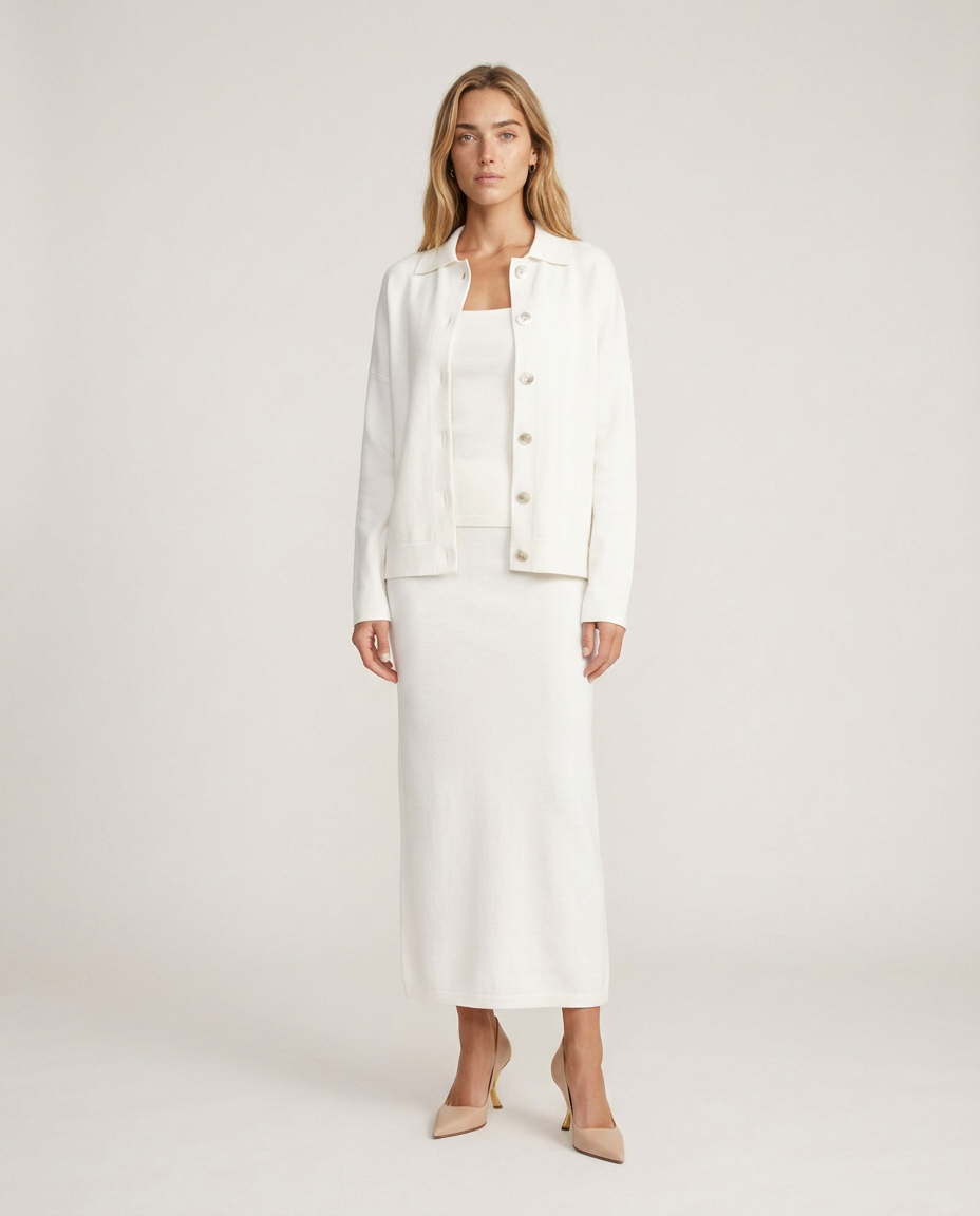 Siena white knit three-piece set with cardigan, top and midi skirt, front three-quarter view