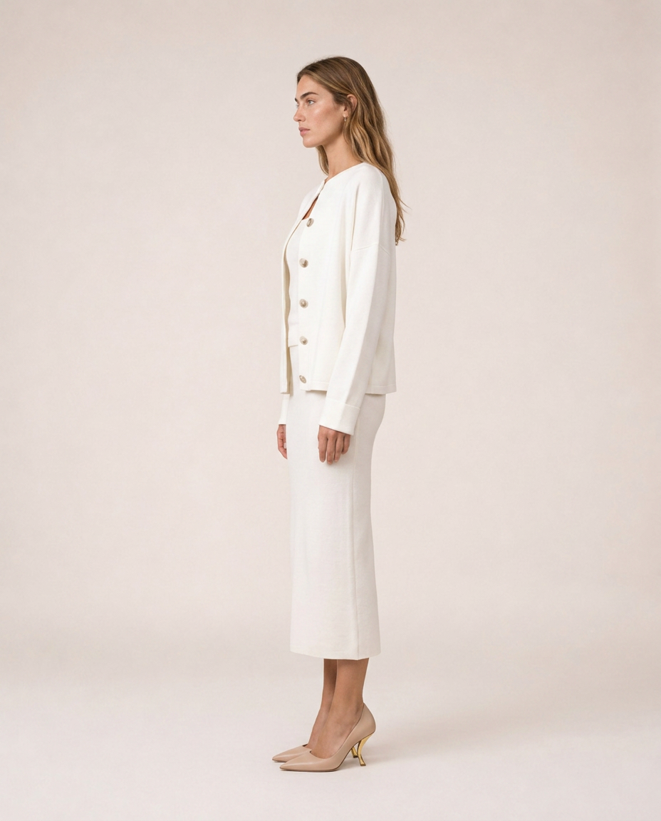Siena white knit three-piece set with cardigan, top and midi skirt, side view